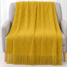 Tasseled Cozy Knit Throw Blanket - Soft & Lightweight For Sofa, Bed & Travel Use - Farmhouse Style Khaki & Cream - Yellow Bubble Strip - View 6