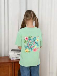 Tween Girl-Vacation Style Printed T-Shirt, Suitable For Travel And Vacation Wear, Fashionable Spring/Summer Casual Versatile Top - Mint Green - View 3