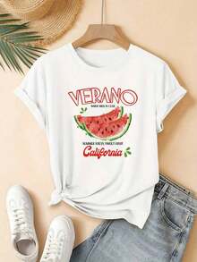 Camiseta de manga corta con cuello redondo para mujer, con estampado de sandía de California, estilo veraniego, fresco, moderno y encantador, lavable a máquina, estilo casual diario, ideal como regalo, adecuada para el hogar, la oficina y otras ocasiones. - Blanco - Ver 5