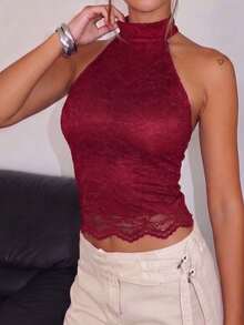 Top de Encaje con Cuello Halter, Top Corto de Verano con Lazo en la Espalda para Mujeres - Rojo - Ver 3