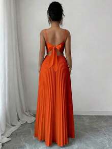 Vestido largo de mujer de unicolor, plisado, elegante, con cintura ceñida y tirantes, adecuado para fiestas y salidas - Amarillo claro - Ver 8