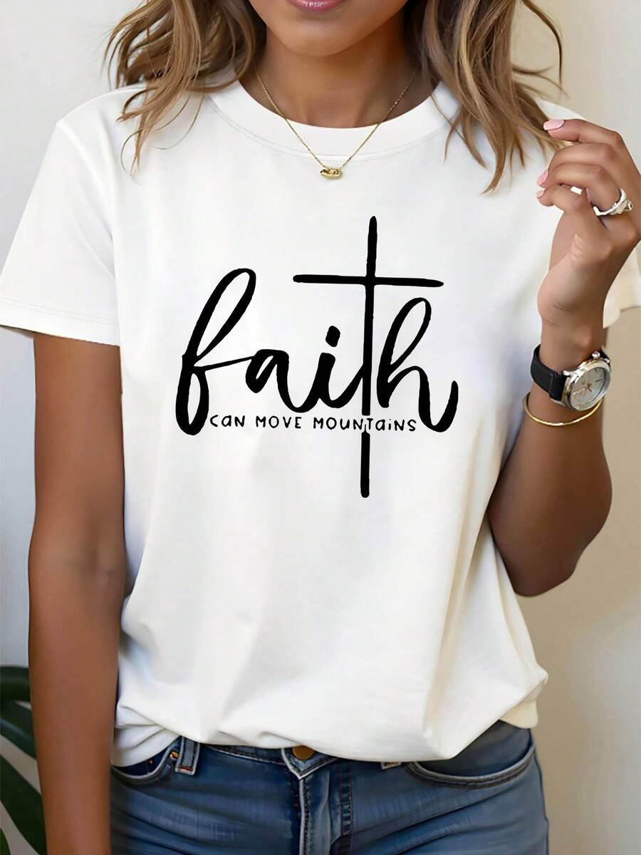 Faith-Inspiring Print T-Shirt - "Believe In The Power Of Your Mind" Design, Casual Crew Neck T-Shirt For Spring/Summer, Black And White Letter Print, Inspirational Clothing. | Faith-Inspired Design | High-Quality Printed Fonts - 白色 - 查看 1