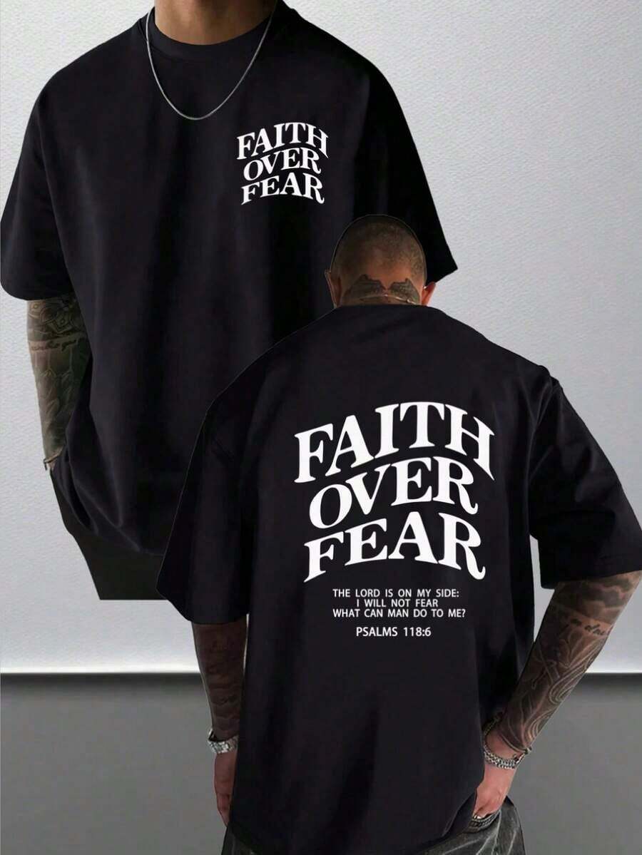 Men's Graphic T-Shirt, Faith Over Fear, Everyday Wear, 100% Cotton, Unisex, Gift Idea For Him Or Her, Streetwear Design, Comfortable Casual Top - 黑色 - 查看 1