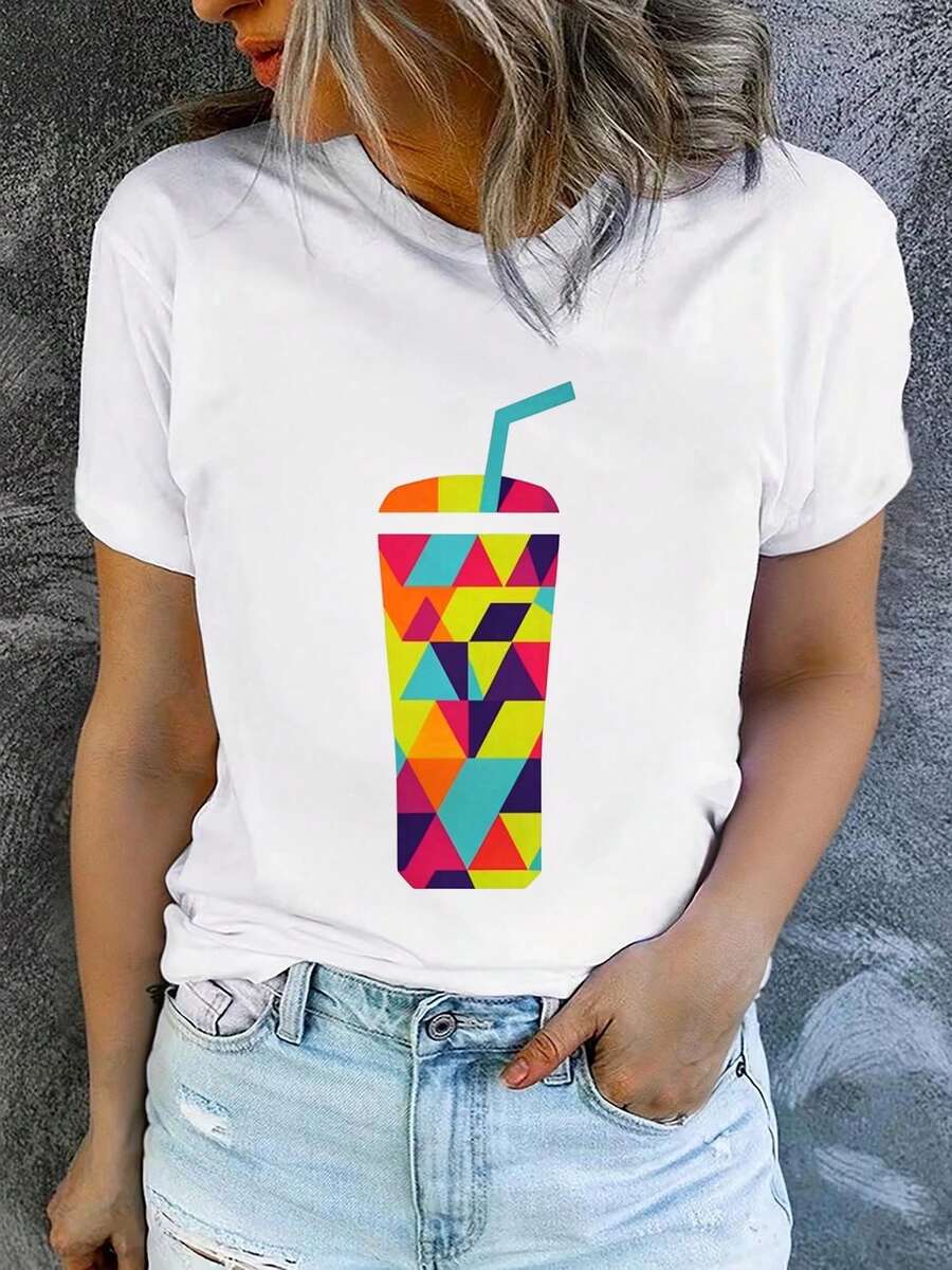 1 Piece Of Women's Summer T-Shirt, Short Sleeve And Printed, Modern And Casual, Machine Washable, Comfortable Fit, 2D Flat Print, 180g, 100% Cotton. - 白色_03 - 查看 1