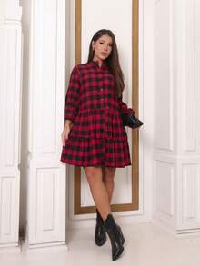 Long-Sleeved Plaid Dress With Buttons. - Rojo - Ver 1