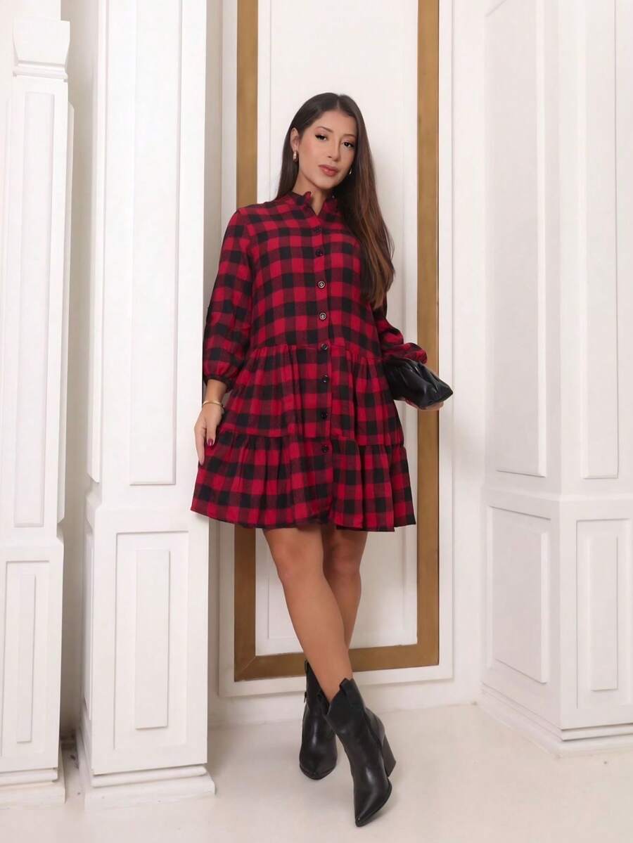 Long-Sleeved Plaid Dress With Buttons. - Rojo - Ver 1