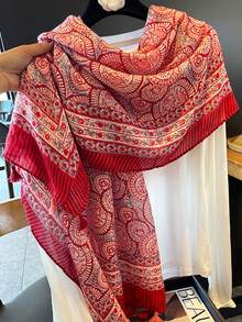 1 buah Syal Motif Belah Ketupat Oranye & Biru, Syal Berumbai Pelindung Matahari untuk Wanita Musim Semi/Panas, Cocok untuk Perjalanan - Merah - View 4