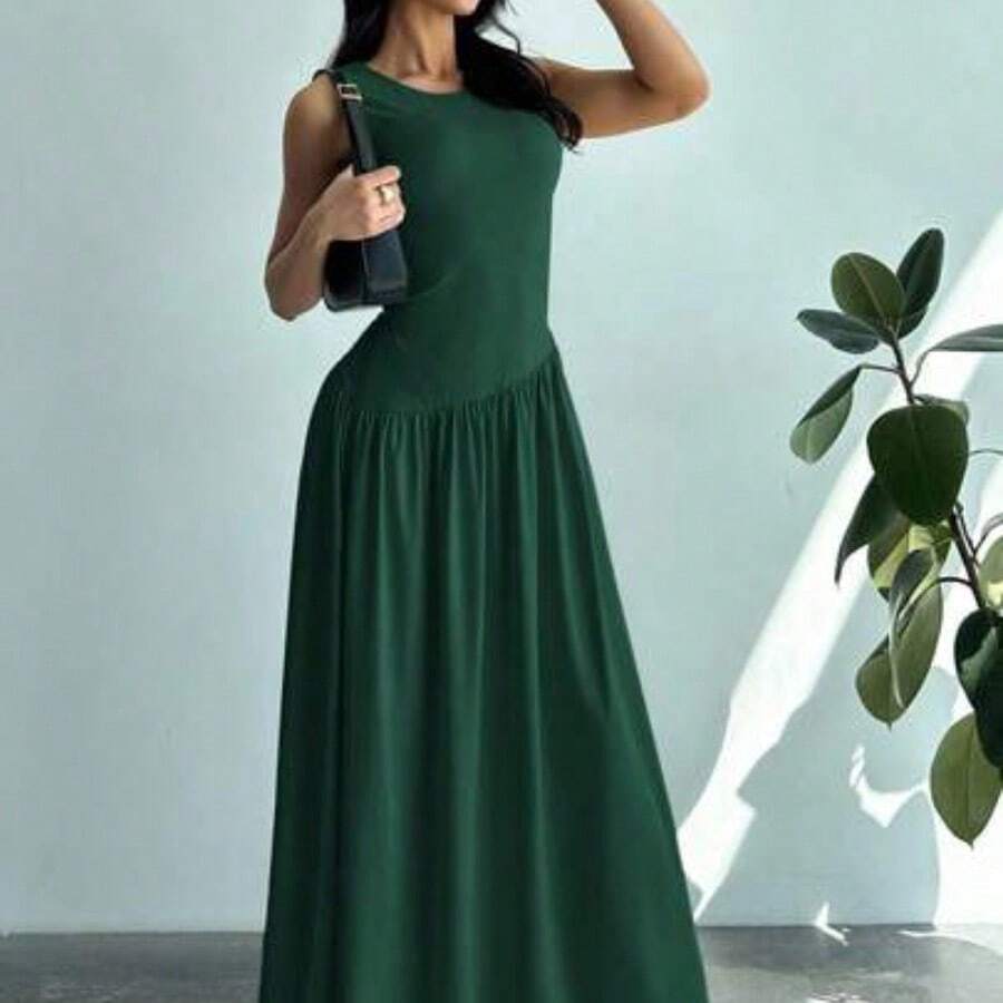. .  Vestido largo para mujer sin mangas con cuello redondo y sólido, con pliegues y cinturón en la cintura - Verde Oscuro - Ver 1
