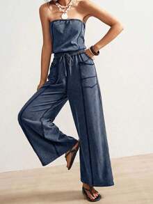 SUN Women's Knit Jumpsuit With Pockets And Adjustable Drawstring - Navy Blue - View 8
