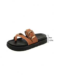 New Fashion Metal Buckle Decor Slip-On Platform Sandals, Comfortable & Versatile For Daily Wear - Orange Leather - View 6