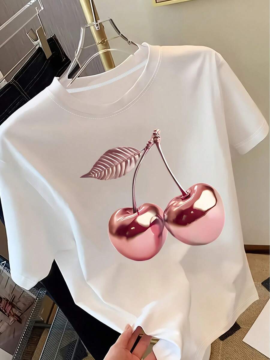 Women's Short-Sleeved T-Shirt With Cherry Print, Casual Top, Stylish And Versatile For Everyday Wear. | Comfortable And Soft Fabric | These Women's T-Shirts Are A Versatile Wardrobe Staple For Spring And Summer. - 白色3 - 查看 1