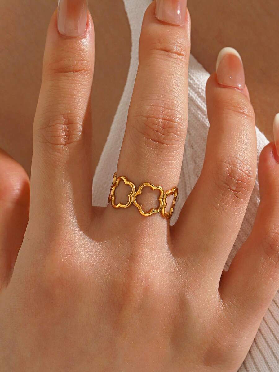 1pc 18K Gold Plated Stainless Steel Fashionable Clover Open Ring, Suitable For Women's Daily Wear And Parties - Multicolor - View 1