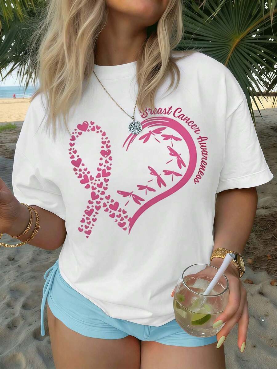 Breast Cancer Awareness Pink Ribbon T-Shirt, Fall, Crew Neck, Relaxed Fit, Hip Hop Street Style, Comfortable Fit, Graphic Design - White - View 1
