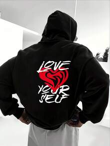 Felpa con cappuccio da uomo con design a cuore | Felpa con cappuccio, calda, confortevole, unisex, per autunno e inverno, abbigliamento casual da casa, per escursioni, attività fuoristrada, realizzata in tessuto leggermente elasticizzato. - nero - Visualizzare 5