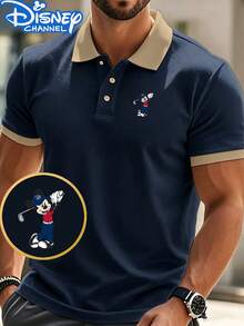 Fathers Day Gift,Fun Mickey Mouse Print Men's Golf Polo Shirt With Contrast Collar-A Versatile Summer Top. Ideal For Golf, The Office, And Everyday Wear. Men's Polo Shirt, Disney Collaboration., Fourth Of July,Disney Collaboration - Xanh đậm - Xem 1