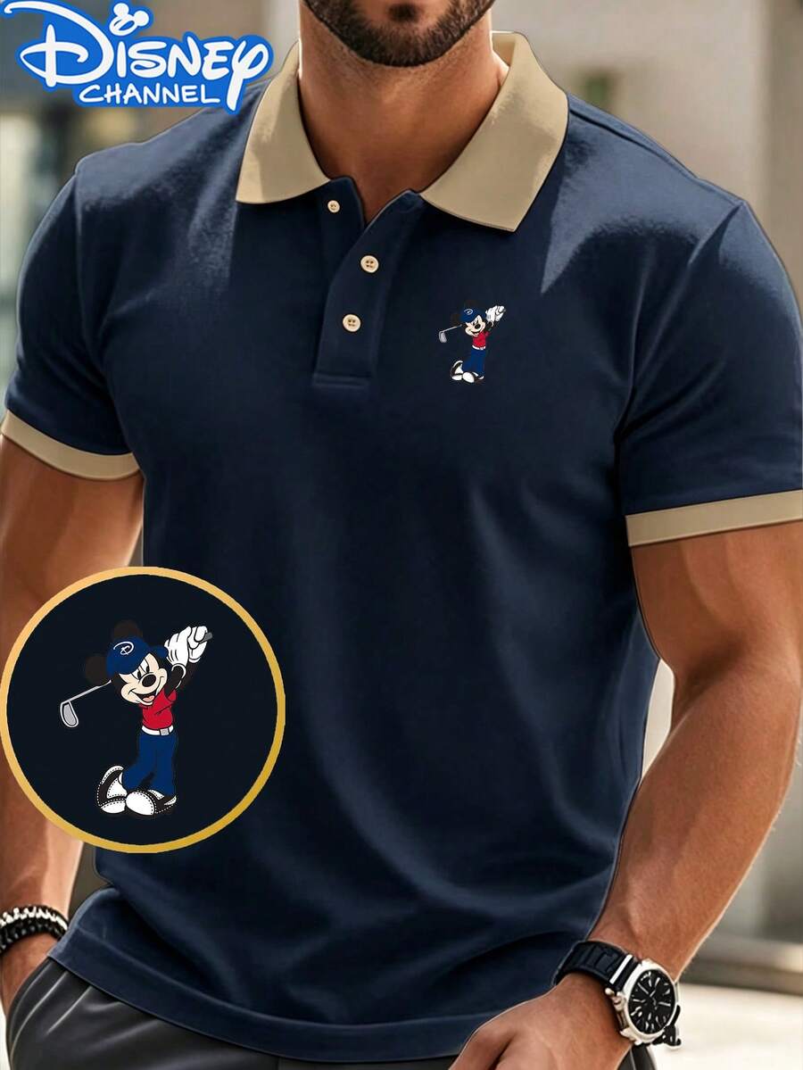 Fathers Day Gift,Fun Mickey Mouse Print Men's Golf Polo Shirt With Contrast Collar-A Versatile Summer Top. Ideal For Golf, The Office, And Everyday Wear. Men's Polo Shirt, Disney Collaboration., Fourth Of July,Disney Collaboration - Xanh đậm - Xem 1