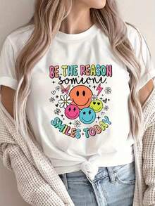 Women's Casual Short Sleeve T-Shirt - Happy  Face Print And Inspirational Lettering, Comfortable Crew Neck, Versatile All-Season Top, Loose Fit, Breathable Fashion T-Shirt, Printed T-Shirt, A Must-Have For Fashion Enthusiasts. ZOIH - 白色 - 查看 7