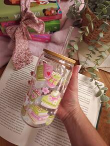 1 Set/Book & Matcha Series Iced Glass Straw Cup, Matcha Iced Drink Straw Cup Set, Cup Can Be Used As Vase, Candle Holder, Graduation Gift, Gift For Matcha Lovers - Multicolor - View 8