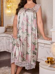 Camisón de satén con estampado floral y parches de encaje para mujer de talla grande - Multicolor - Ver 7