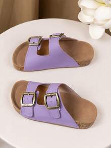 1 Pasang Sandal Anak Ungu Modis, Sandal Sol Lembut Baru, Sandal Warna-warni Blok, Cocok untuk Santai, Liburan, Pesta, Sandal Gesper Logam Jahitan Bergaya - Purple - View 5
