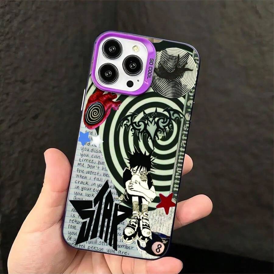 Protective Case For Apple 17PROMAX 16PROMAX 15PROMAX 14PROMAX 13PROMAX 12PROMAX 11PROMAX XSMAX, Printed Design With Stars, Bat, Heart, Number 8 Billiard Ball, Cat And Boy Figure In Kneeling Position Spiral Pattern Handwritten Letters, Full Cover Anti-Shock Precise Fit, Durable Material Daily Protection Of Mobile Phone - Purple - View 1