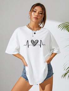 The Hottest Item Of The Summer: Pure Cotton T-Shirt, Crew Neck T-Shirt With Heart Print, Graphic Tees With Cheetah Print For Women, Stylish Pure Cotton T-Shirt. Stylish, Popular, Party T-Shirt. - 白色 - 查看 2
