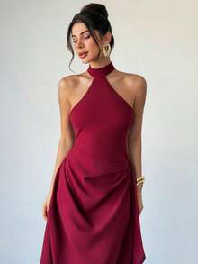 Vestido elegante y romántico para fiesta, cóctel o cita.Vestido largo asimétrico de línea A, con cuello halter sin mangas, color borgoña, para invitada de boda, cita, fiesta de cumpleaños o evento elegante - Burdeos - Ver 6