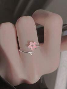 1pc Elegant Minimalist Pink Peach Blossom Ring, Versatile Sweet Floral Ring For Friends, Students - Antique Silver - View 4
