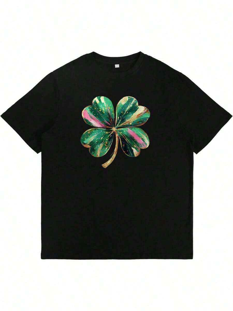 Men's St. Patrick's Day T-Shirt, Short Sleeve, Fun Shamrock Print, Cotton, Plus And Tall Sizes, Funny Graphic Tees For Men And Women, Crew Neck, Loose Casual Tees - 黑7 - 查看 1