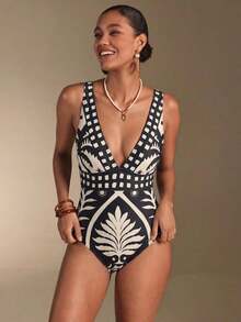 Swim Oasis Conjunto de traje de baño de una pieza con estampado floral elegante de cuello en V profundo y pantalón de cobertura para mujer, colección Primavera/Verano - Multicolor 3 - Ver 5