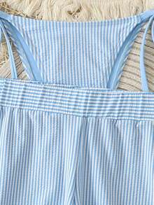 Swim Vcay Conjunto de 3 piezas de bikini con textura de tela a rayas azul y blanco, con tirantes finos y cuello halter, para primavera/verano 2026 - Azul y blanco - Ver 4