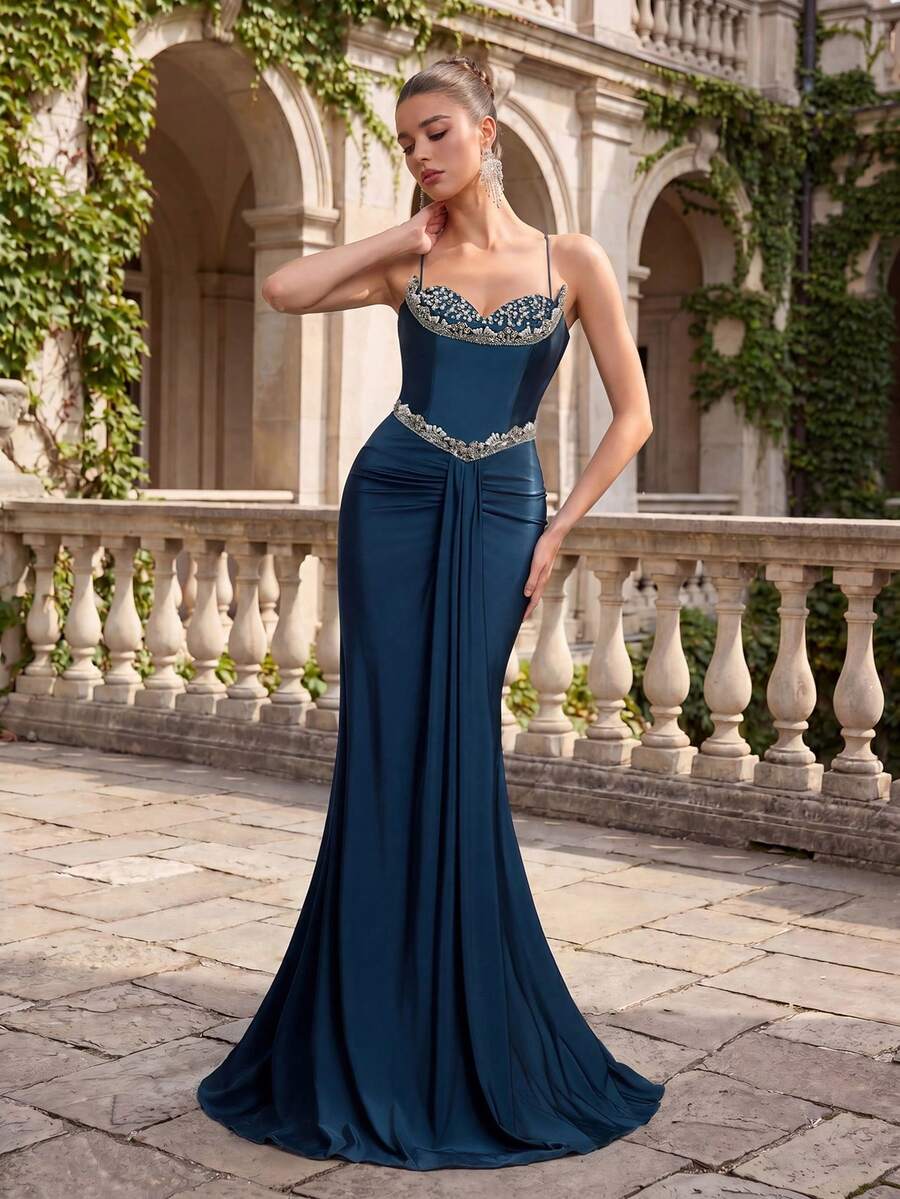 Đầm nữ đính cườm và đá lấp lánh, kiểu dáng hở lưng, xếp ly, dây buộc chéo, thanh lịch cho tiệc tối và hẹn hò. - Xanh đậm - Xem 1