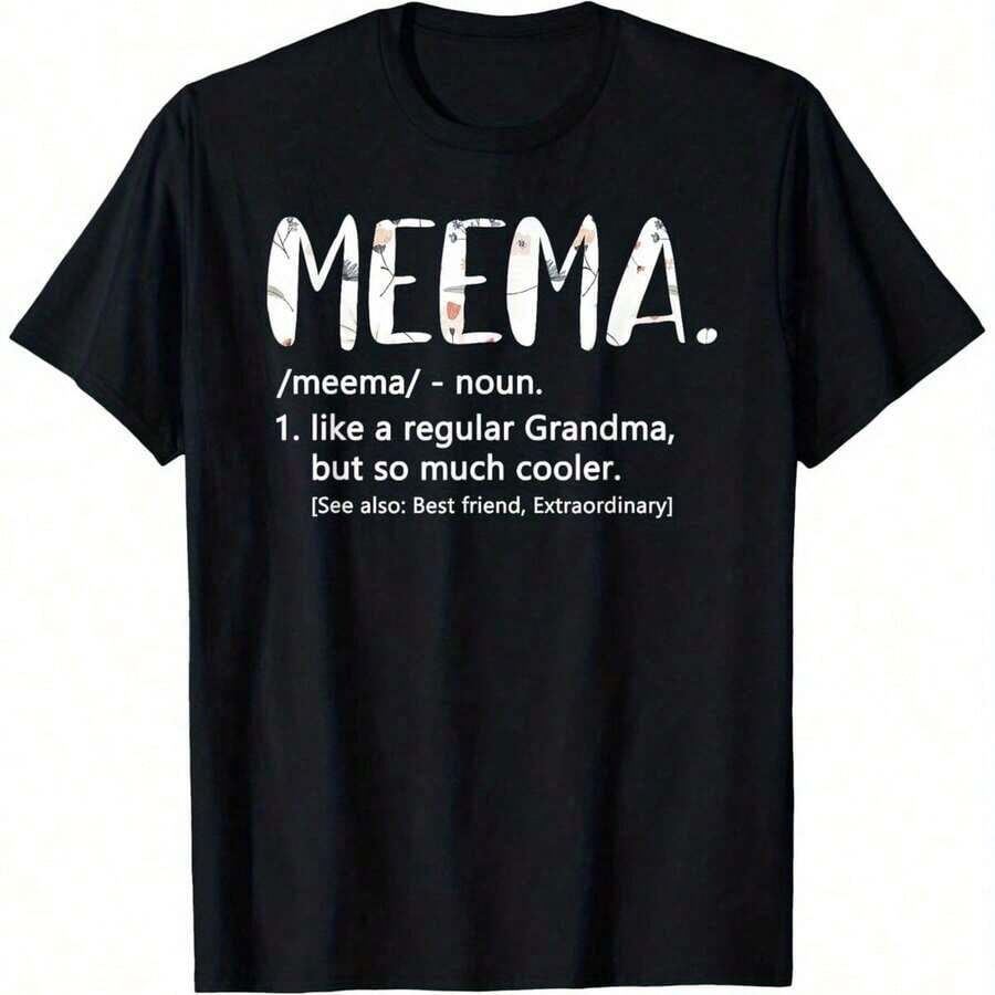 Women's 'MEEMA' Floral Print T-Shirt, Available In Various Sizes, Elegant, Vibrant And Crisp Typographic Floral Design, Durable And Resistant, Perfect For Mother's Day, Grandma's Birthday, Family Gatherings, Ideal Gift For Modern Grandmas, 100% Cotton - 黑色 - 查看 1