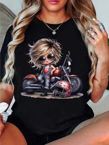 Camiseta de mujer de unicolor con estampado de chica de motocicleta de dibujos animados, casual y de moda para uso diario - Burdeos - Ver 1