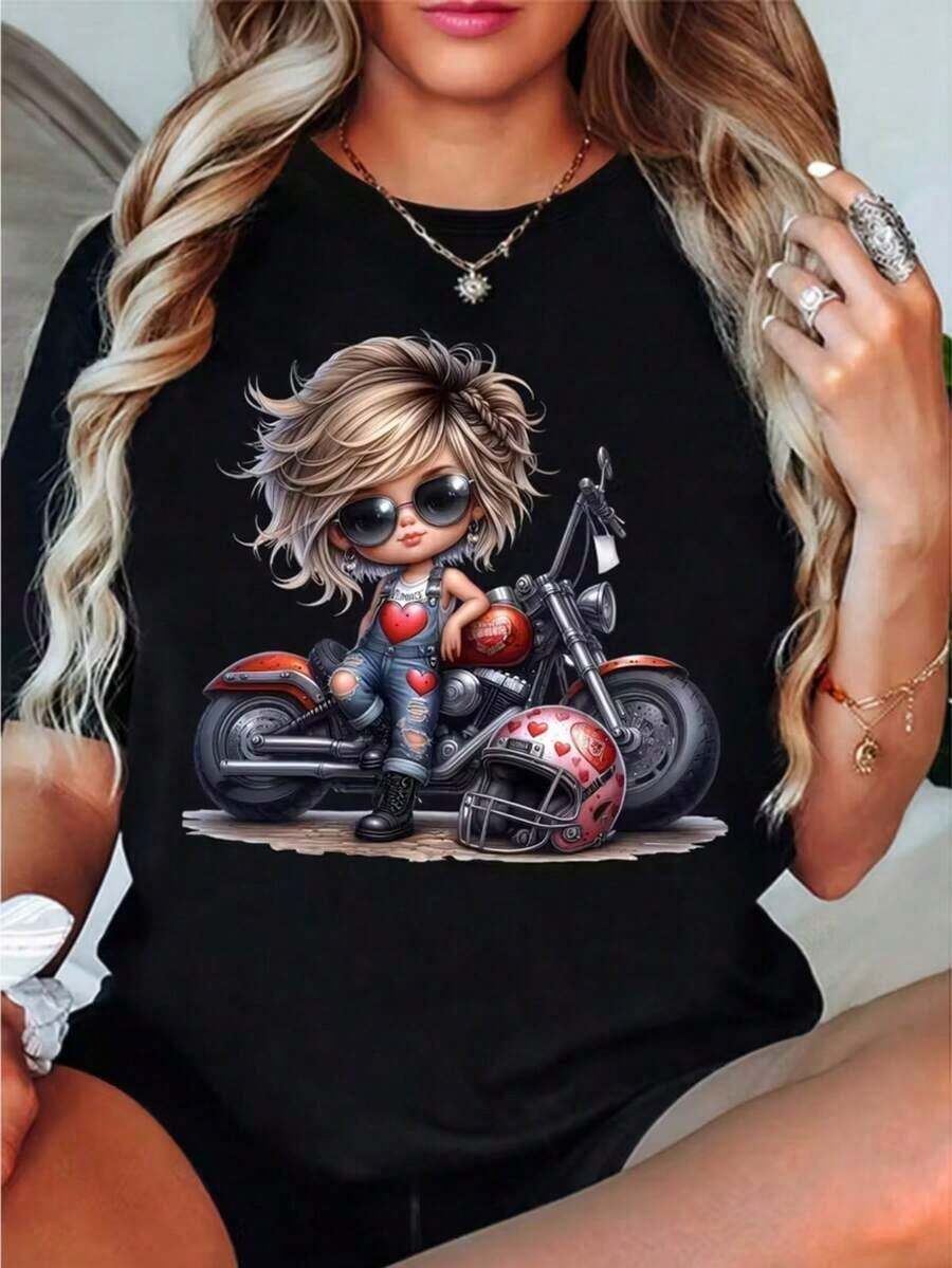 Camiseta de mujer de unicolor con estampado de chica de motocicleta de dibujos animados, casual y de moda para uso diario - Burdeos - Ver 1