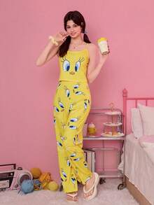 Noctvar OBM Sleepwear X LOONEY TUNES 女士兩件式睡衣：黃色碎花吊帶背心 + 印花家居褲，柔軟舒適家居服 - 黃色 - 查看 6