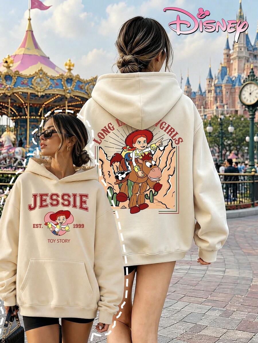 Disney Women's Loose-Fitting Hooded Sweatshirt With Toy Story Jessie-Themed Front And Back Print Design, American Western Style, Casual, Comfortable, Versatile, Suitable For Various Occasions. - Màu be - Xem 1