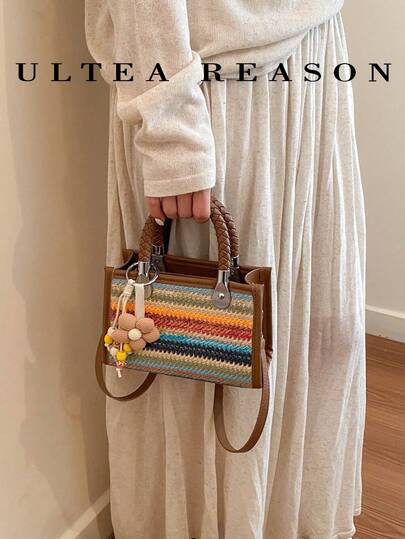 1 pieza Bolso de hombro de mujer tejido de paja de color contrastante, bolso cuadrado de gran capacidad y elegante, bolso de playa tejido, cierre con cremallera, correa ajustable, adecuado para chicas, damas, estudiantes universitarias, jóvenes profesionales, trabajadores de oficina, excelente para vacaciones, viajes, exteriores, oficina, escuela, trabajo, negocios, transporte, compras (incluye colgante)