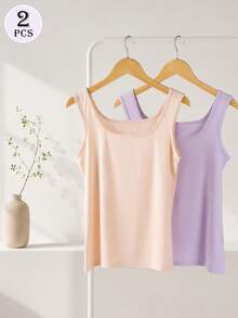 2pcs/Set Women's Solid Color Camisole Tank Tops, Comfortable And Breathable, Suitable For All Seasons, Affordable - Multicolor - View 2