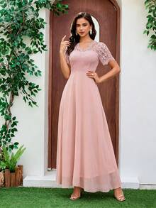 女款優雅A字版型V領蕾絲雪紡婚紗禮服，飄逸短袖蕾絲飾邊新娘禮服，秋季款 - 粉紅色 - 查看 3