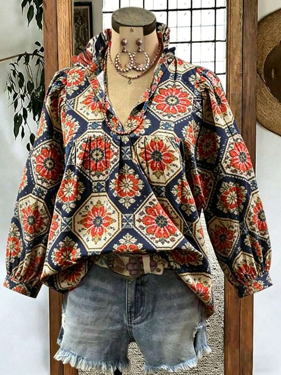 女士春夏波西米亚复古印花衬衫,荷叶边领口和泡泡袖,宽松版型,休闲舒适风格 - 彩色 - 查看 1