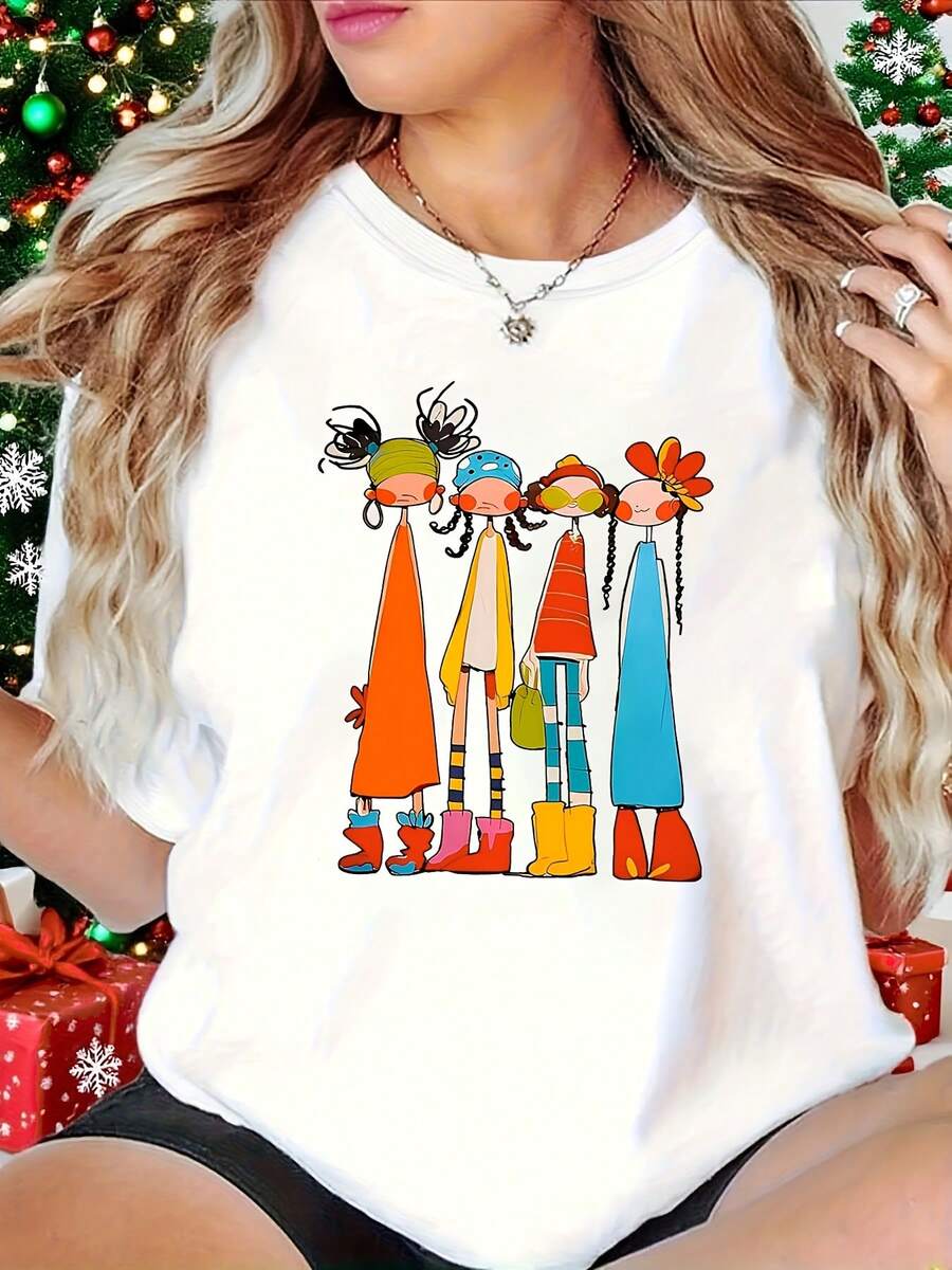 Pure Cotton T-Shirt, Modern And Youthful Style, Cartoon Girl Print T-Shirt, Short Sleeve T-Shirt With Round Neck And Print, Casual Style, Comfortable Fit, Summer Clothes, Elegant Design, Versatile For Daily Wear, Soft Fabric, Fashionable Style. - 白色 - 查看 1