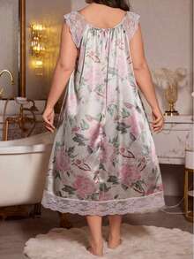 Camisón de satén con estampado floral y parches de encaje para mujer de talla grande - Multicolor - Ver 2