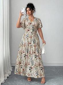 Vestido maxi de manga de campana con cuello en V, estampado floral diminuto y efecto estilizador de la cintura, para mujer de talla grande.Elegante y casual, apropiado para la primavera y el verano, ideal para looks de playa, vacaciones de primavera, té y Pascua. - Multicolor - Ver 6
