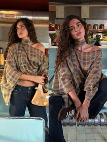 Top Poncho Xadrez Sem Mangas Moda Feminina Verão - Multicolorido - Visão 1