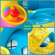 Inflatable Baby Swimming Pool With Detachable Sunshade, Infant Swimming Ring With Seat And Handles, Baby Swimming Boat-Shaped Float, Suitable For Summer Beach Party - Yellow - View 2