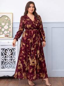 DEARCASE Plus Size Women Floral Print V-Neck Long Sleeve Dress Elegant Vacation - Burgundy - View 5