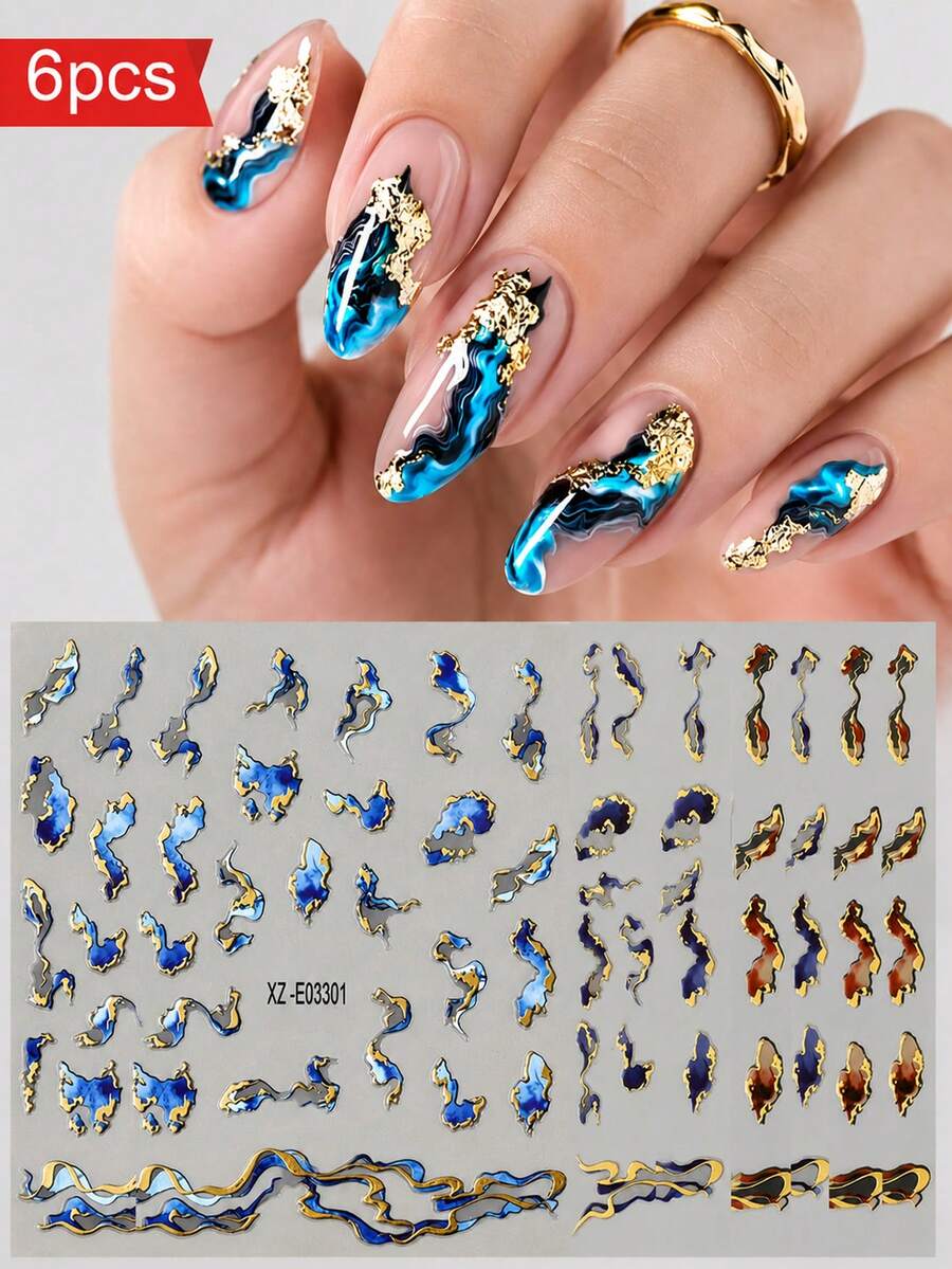 3/4/6Pcs 3D Marble Wave Line Nail Stickers Metallic Stripe Abstract Geometric Nail Art Decals Self Adhesive Slider Gold Foil Multiple Striped Design Nail Decoration Sticker For Women Girls Home & Salon Use