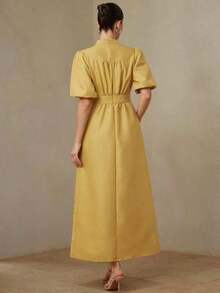 Aveloria Revavyn Elegante vestido de estilo francés con cuello en V, mangas de pétalo, cintura abotonada y falda acampanada, de tela a rayas amarilla y blanca, silueta favorecedora para uso diario y vacaciones - Amarillo - Ver 6