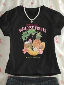 [Summer Blouse With Print] 1 Women's Casual Fitted Blouse, Vacation Style With Coconut, Pineapple, Papaya, Banana, Dragon Fruit, Palm Flower, Star, Fruit And English Letter Print, Creative Design, American Summer Clothes In Ins Style - 黑色 - 查看 12